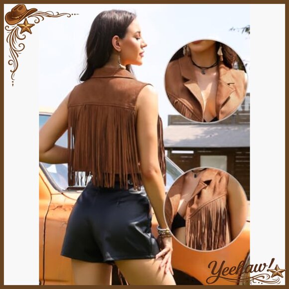 Faux Suede Fringe Vest Sleeveless Crop Open Front Tassel Jacket Size Large - Picture 2 of 5